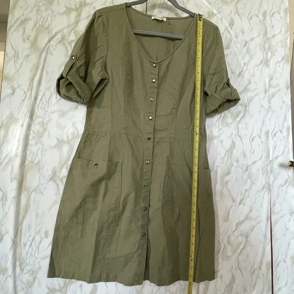 Simply Noelle S/M linen olive green dress button up short sleeve pockets summer - Picture 5 of 8